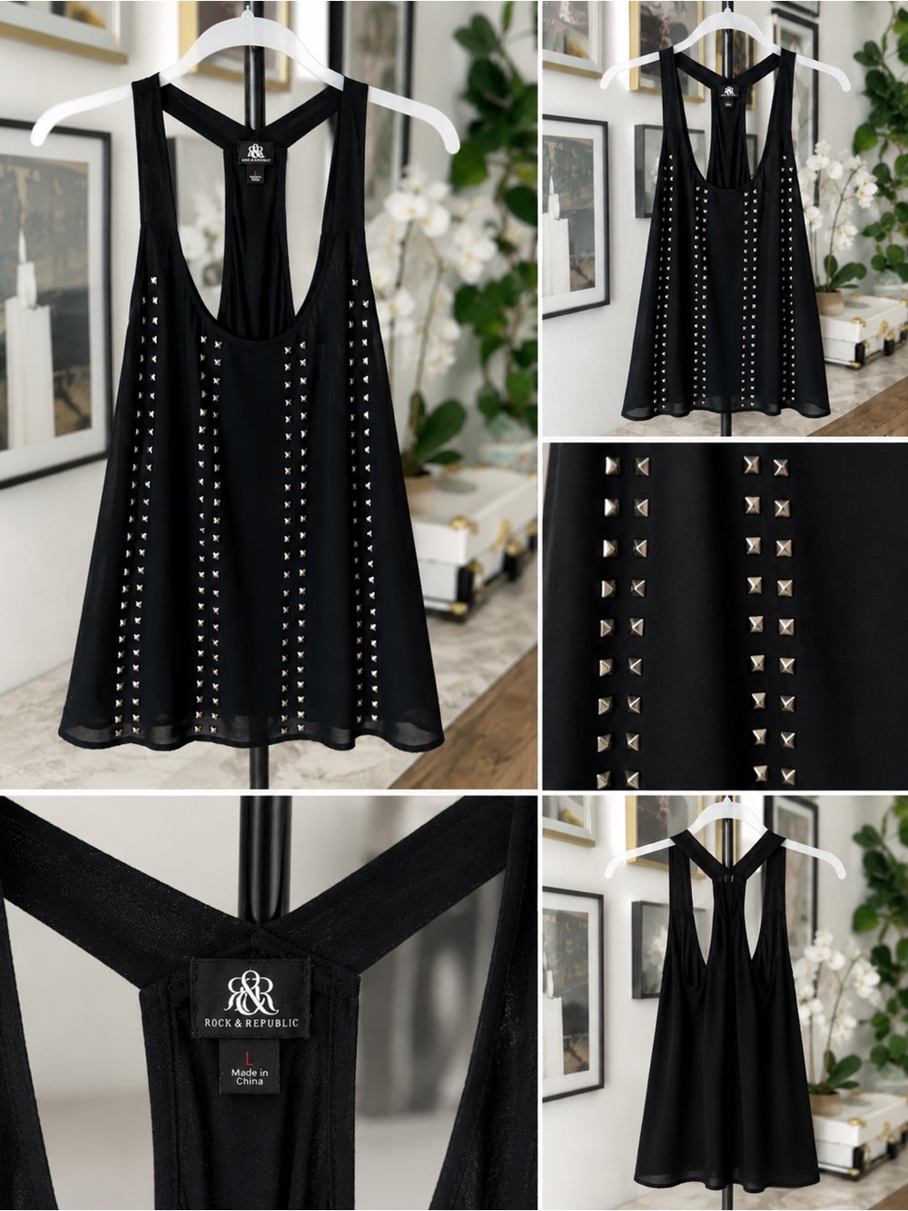 Rock & Republic Black Studded Racerback Tank Size L